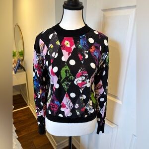 Desigual Floral Polka Dot Harlequin Sweater Black Multicolor Size S